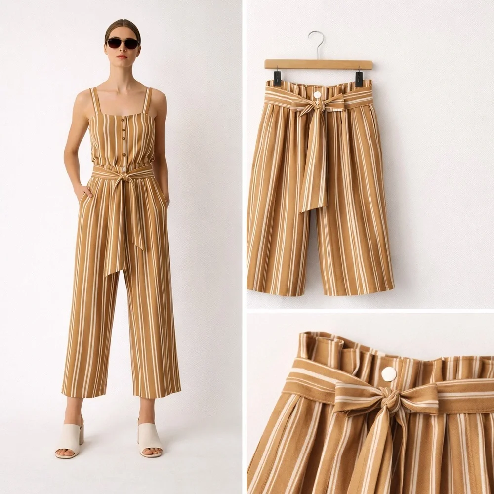 JUST Female Wendy Striped Lyocell Paperbag Wide Leg Pants Large Neutral Striped - Picture 11 of 11